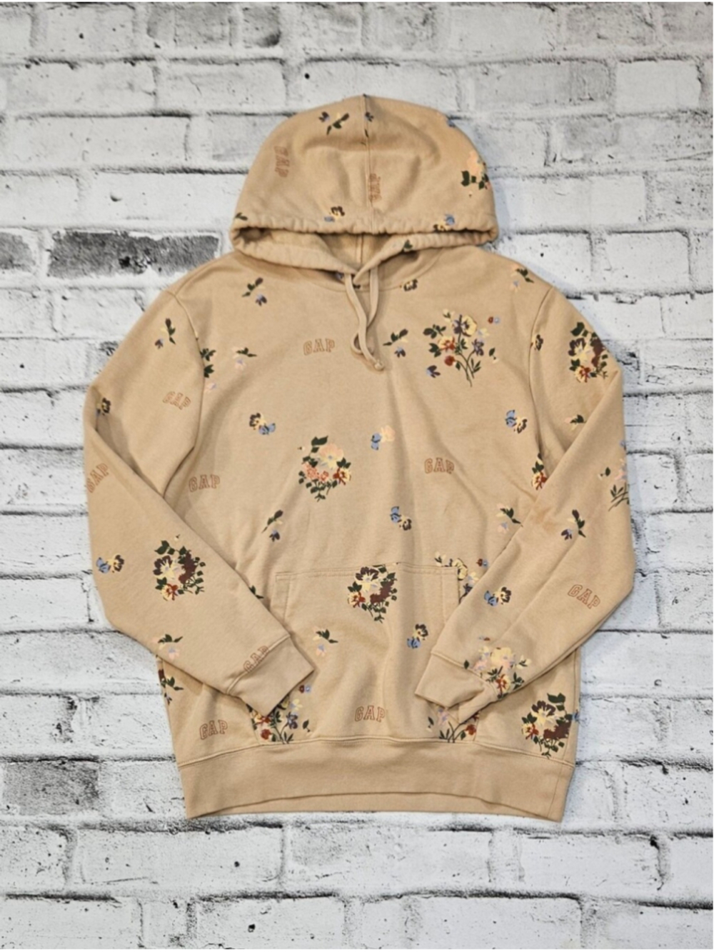 Gap Mens Floral Logo Print Pullover Hoodie Tan Beige Size Large